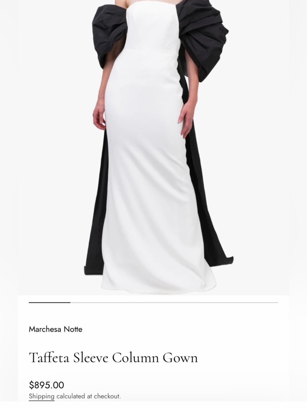 Marchesa Notte White Column Gown with Dramatic Black Taffeta Sleeves/Cape NWT